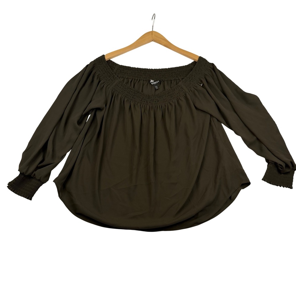 Express Olive Green Off The Shoulder Smocked Blouse XL Long Sleeve Balloon Top